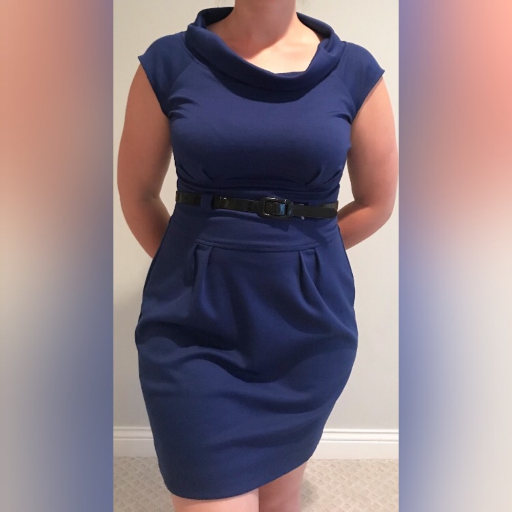 Blue Wide Collar Dress with Belt